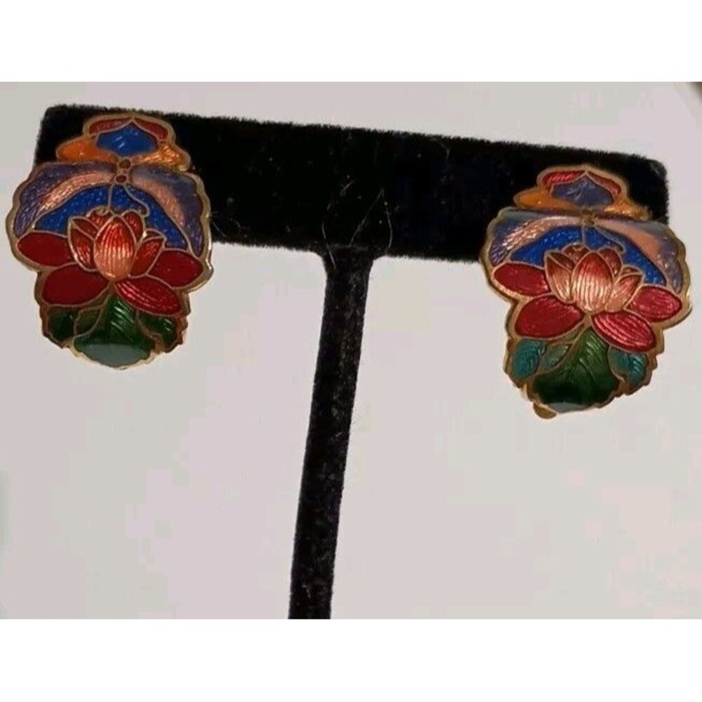 vintage cloisonne Earrings Lotus Flower Clip- On